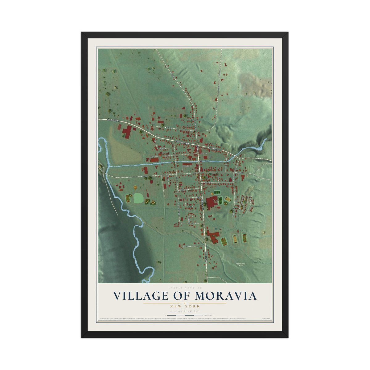 Moravia, New York map print, 12" x 18" W/ Black Ayous Wood Frame mockup