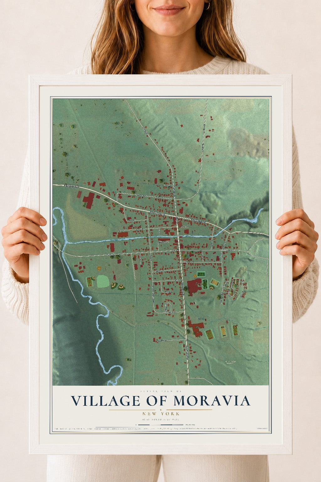 Moravia, New York map print, 18" x 24" W/ White Ayous Wood Frame mockup
