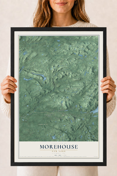 Morehouse, New York map print, 18" x 24" W/ Black Ayous Wood Frame mockup