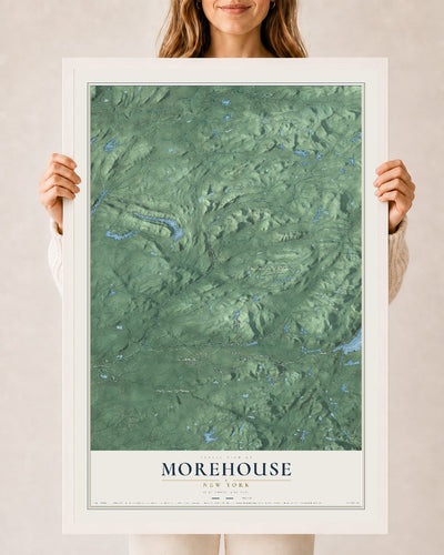 Morehouse, New York map print, 24" x 36" W/ White Ayous Wood Frame mockup
