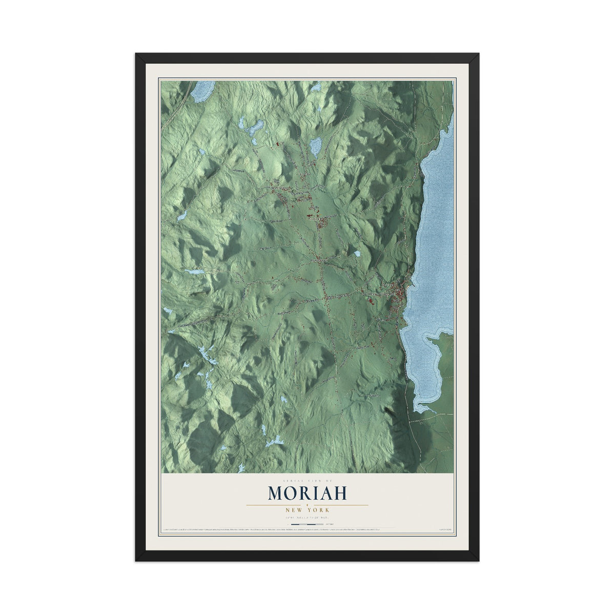 Moriah, New York map print, 12" x 18" W/ Black Ayous Wood Frame mockup