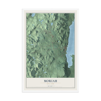 Moriah, New York map print, 12" x 18" W/ White Ayous Wood Frame mockup