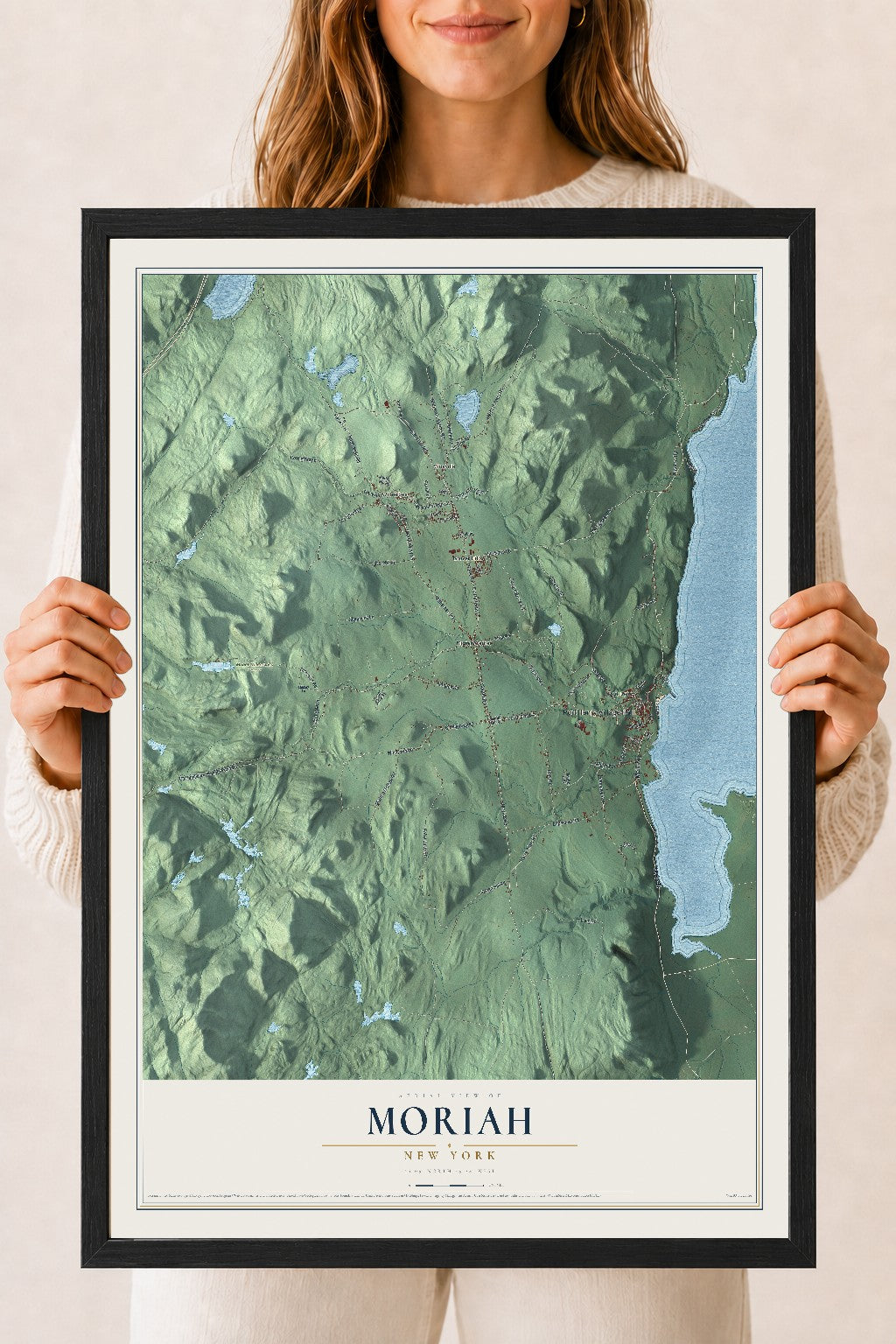 Moriah, New York map print, 18" x 24" W/ Black Ayous Wood Frame mockup