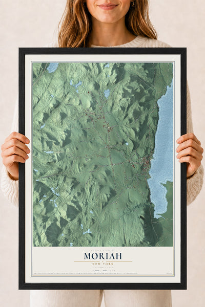 Moriah, New York map print, 18" x 24" W/ Black Ayous Wood Frame mockup