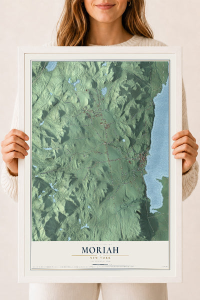 Moriah, New York map print, 18" x 24" W/ White Ayous Wood Frame mockup