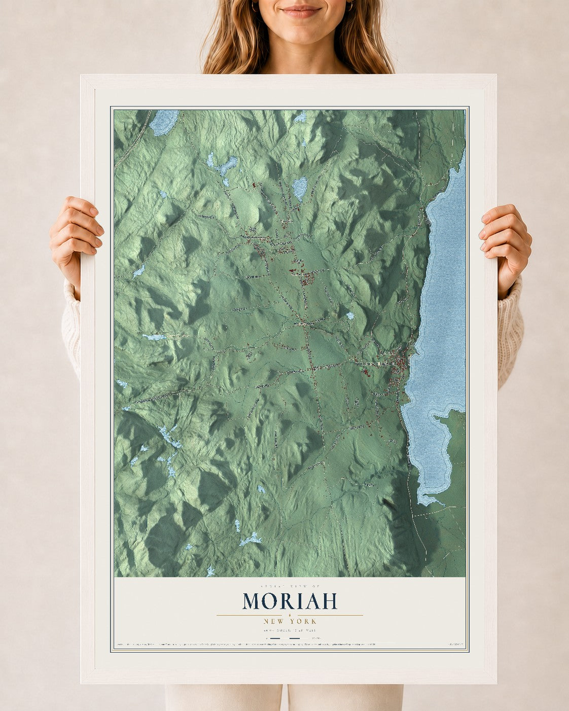 Moriah, New York map print, 24" x 36" W/ White Ayous Wood Frame mockup