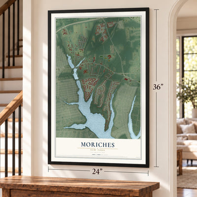 Moriches, New York map, 24 x 36 inch print in a black frame by a staircase