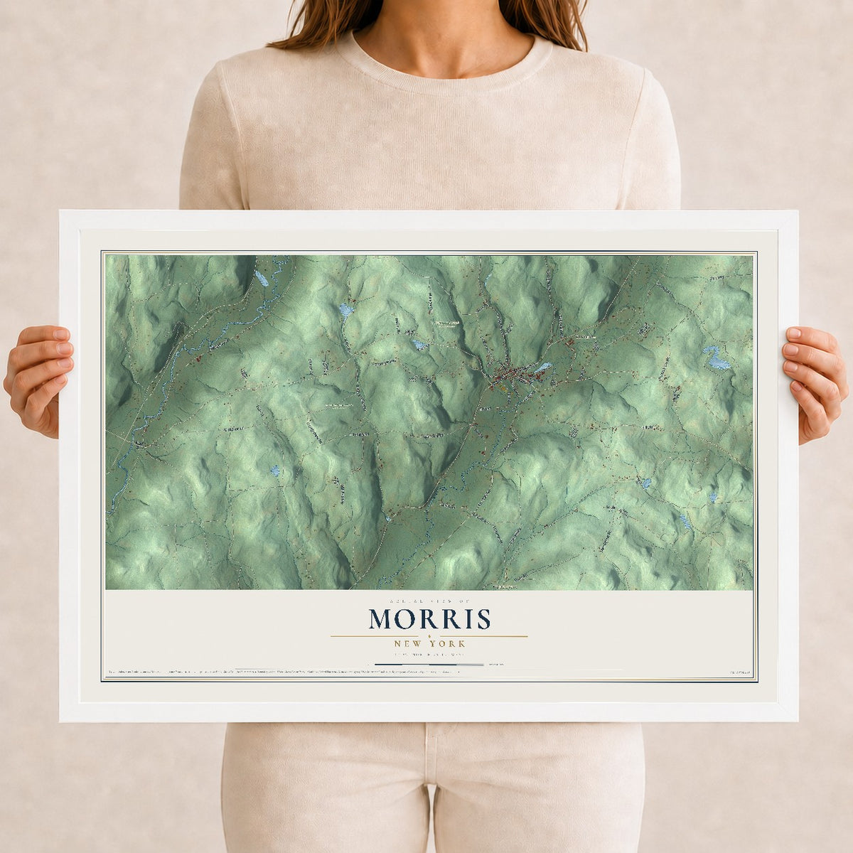 Morris, New York map print, 12" x 18" W/ White Ayous Wood Frame mockup