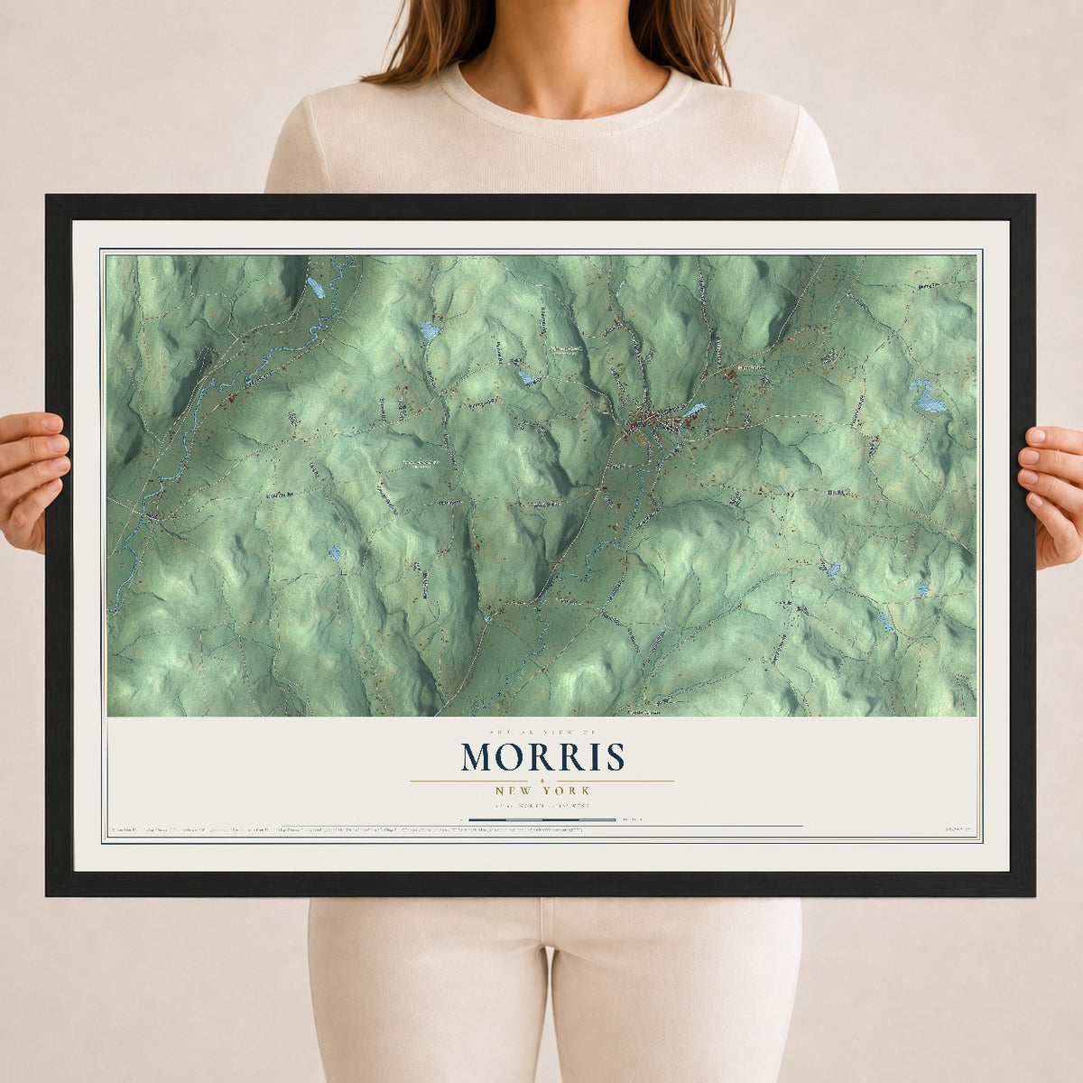 Morris, New York map print, 18" x 24" W/ Black Ayous Wood Frame mockup