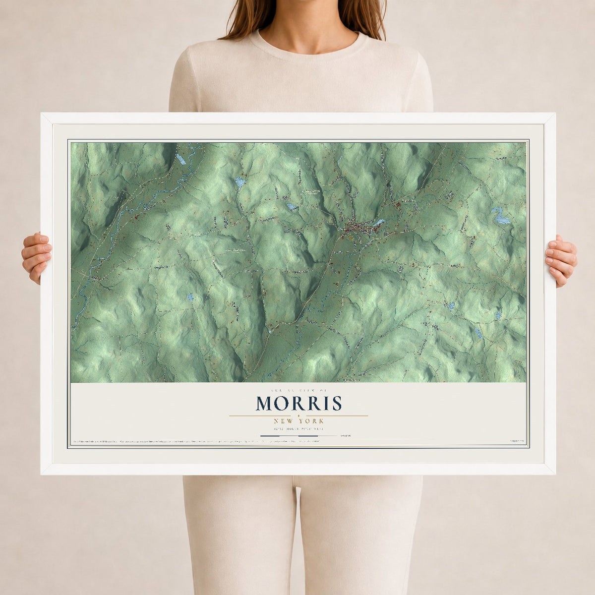 Morris, New York map print, 24" x 36" W/ White Ayous Wood Frame mockup