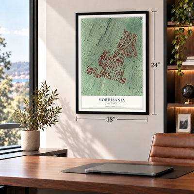 Morrisania, New York map, 18 x 24 inch print in a black frame in a home office
