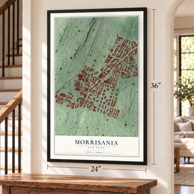 Morrisania, New York map, 24 x 36 inch print in a black frame by a staircase