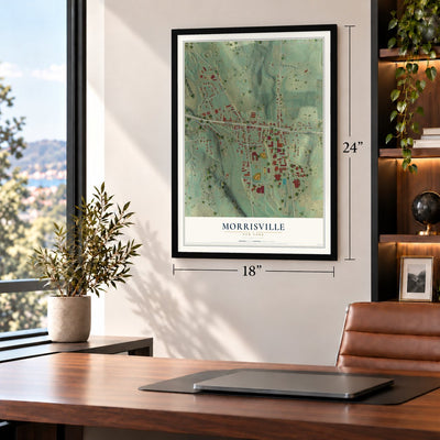 Morrisville, New York map, 18 x 24 inch print in a black frame in a home office
