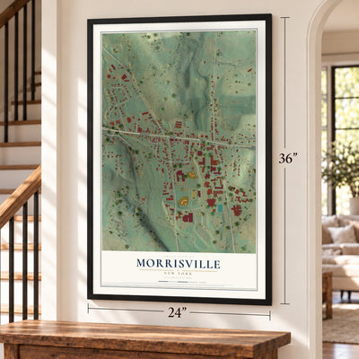 Morrisville, New York map, 24 x 36 inch print in a black frame by a staircase
