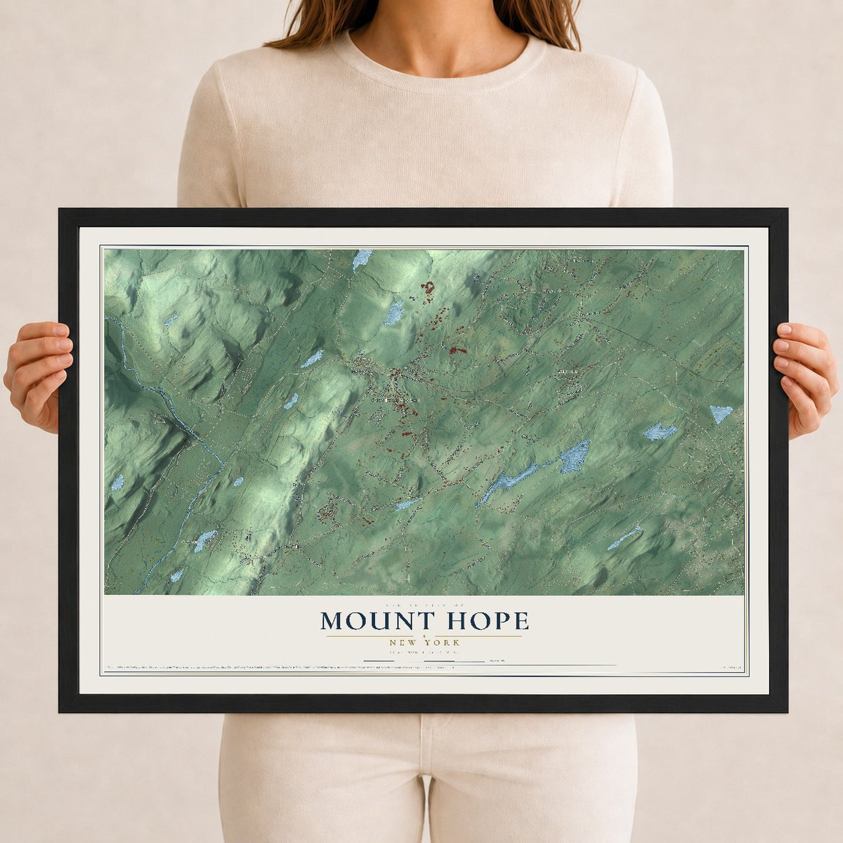 Mount Hope, New York map print, 12" x 18" W/ Black Ayous Wood Frame mockup