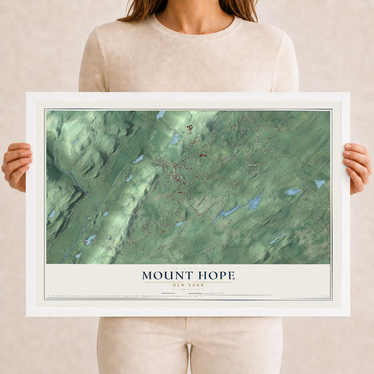 Mount Hope, New York map print, 12" x 18" W/ White Ayous Wood Frame mockup