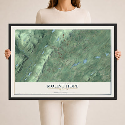 Mount Hope, New York map print, 24" x 36" W/ Black Ayous Wood Frame mockup