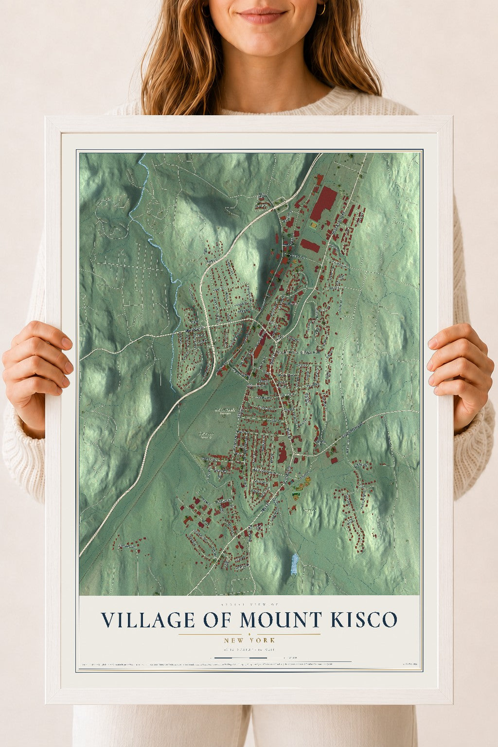 Mount Kisco, New York map print, 18" x 24" W/ White Ayous Wood Frame mockup