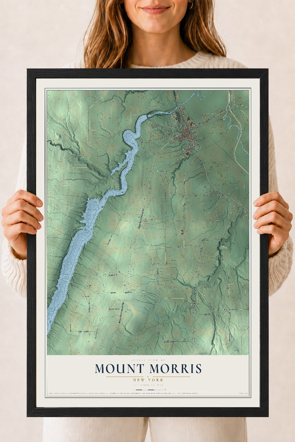 Mount Morris, New York map print, 18" x 24" W/ Black Ayous Wood Frame mockup
