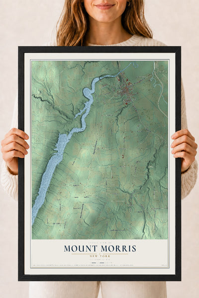 Mount Morris, New York map print, 18" x 24" W/ Black Ayous Wood Frame mockup