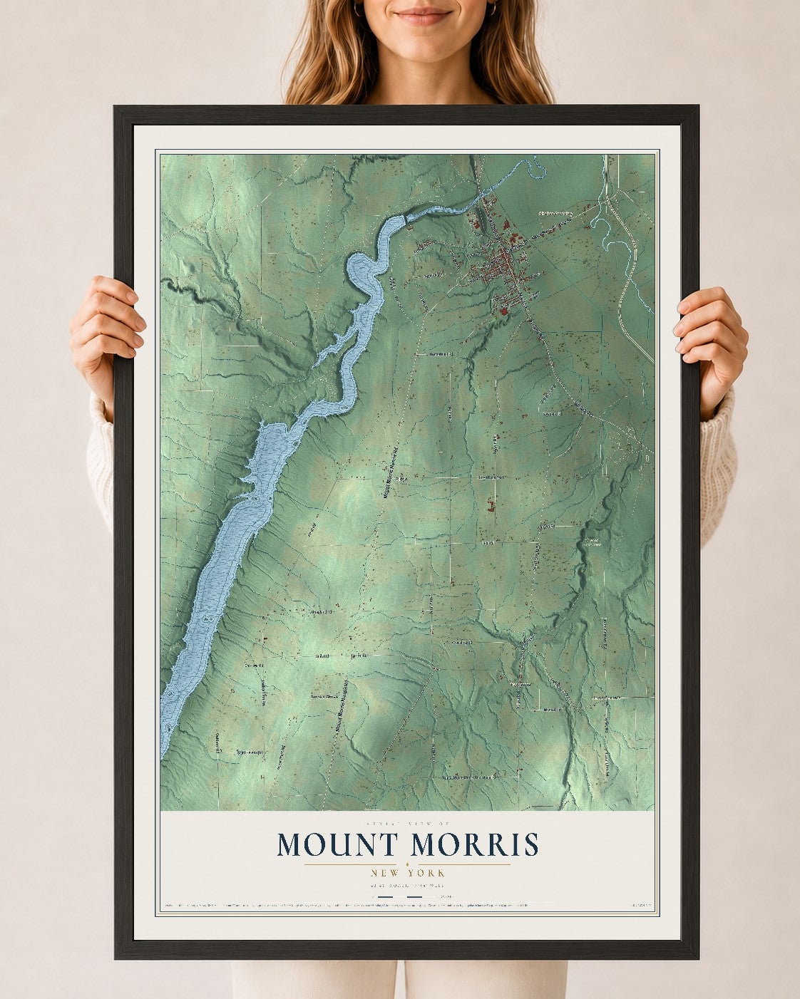 Mount Morris, New York map print, 24" x 36" W/ Black Ayous Wood Frame mockup