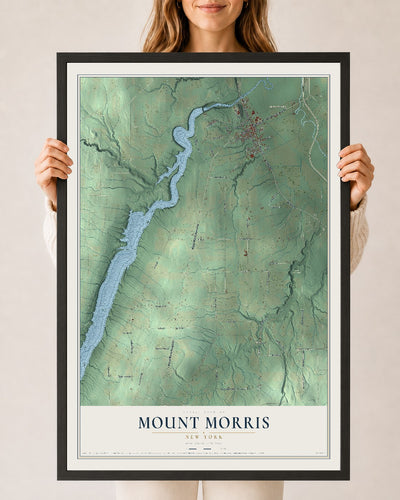 Mount Morris, New York map print, 24" x 36" W/ Black Ayous Wood Frame mockup