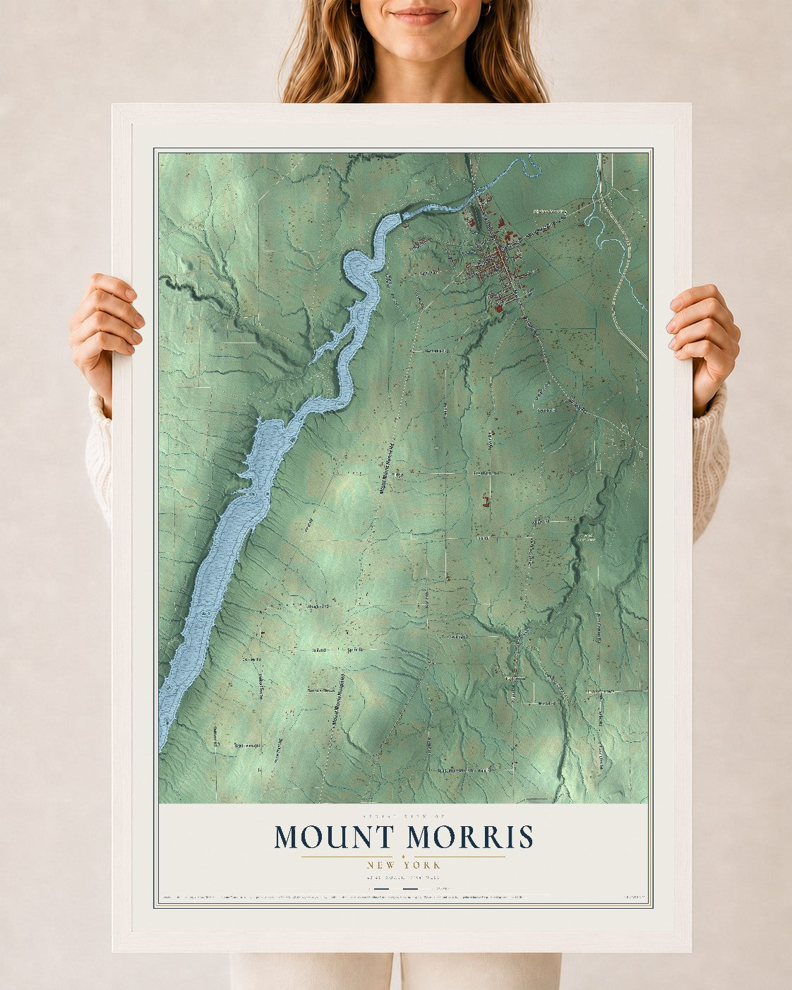 Mount Morris, New York map print, 24" x 36" W/ White Ayous Wood Frame mockup