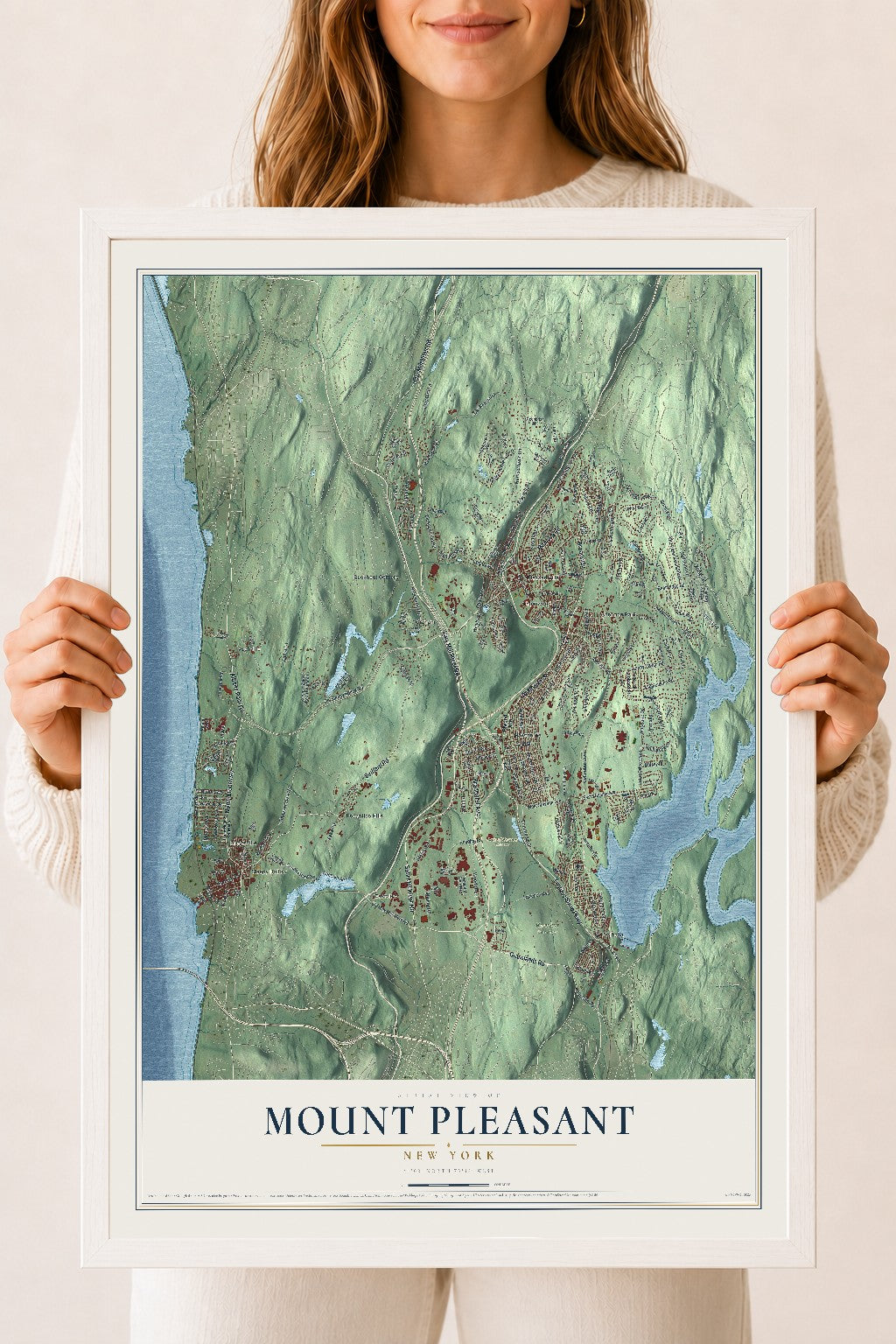 Mount Pleasant, New York map print, 18" x 24" W/ White Ayous Wood Frame mockup