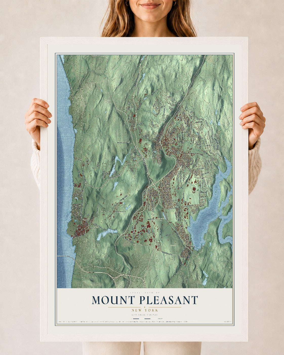 Mount Pleasant, New York map print, 24" x 36" W/ White Ayous Wood Frame mockup