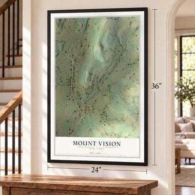 Mount Vision, New York map, 24 x 36 inch print in a black frame by a staircase
