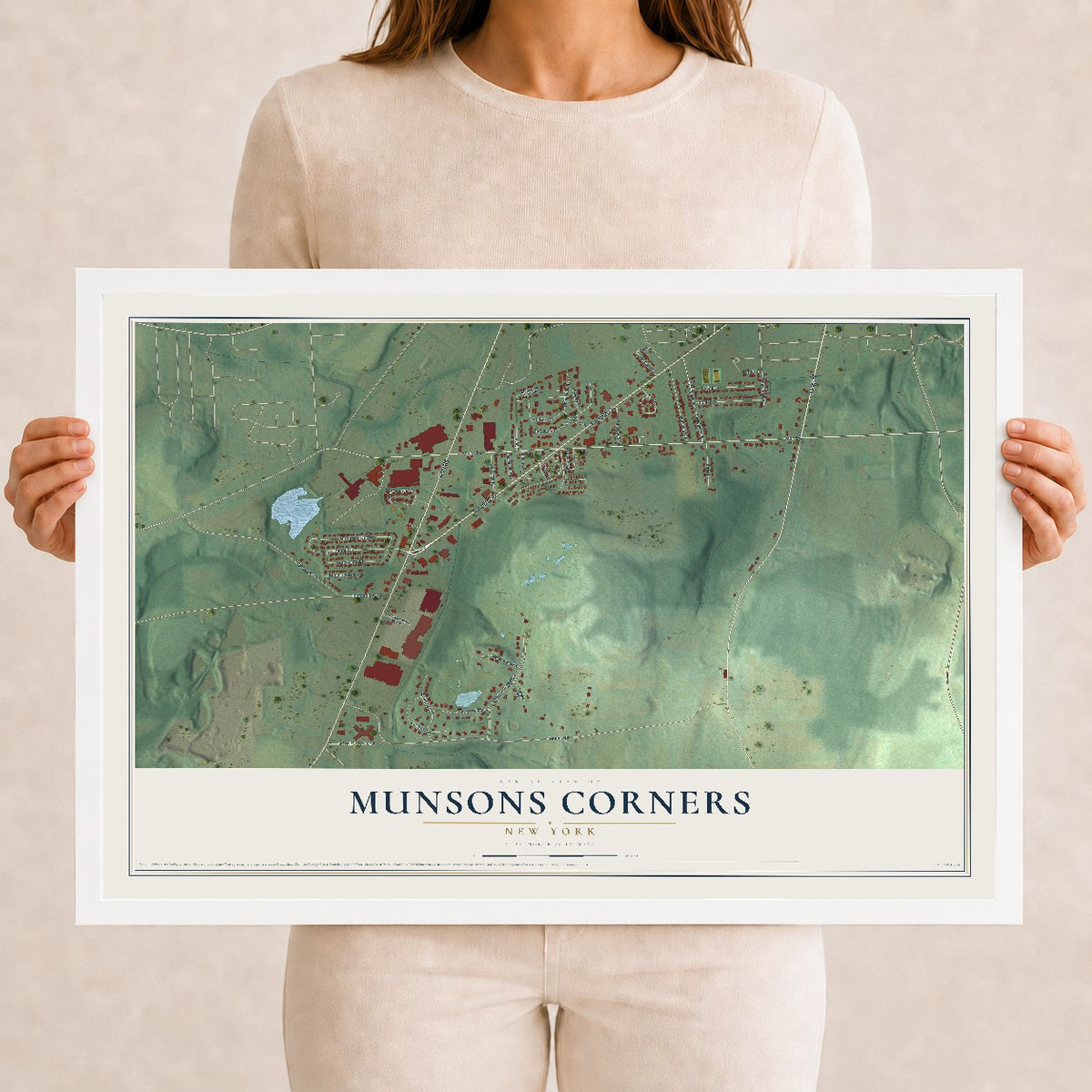 Munsons Corners, New York map print, 12" x 18" W/ White Ayous Wood Frame mockup