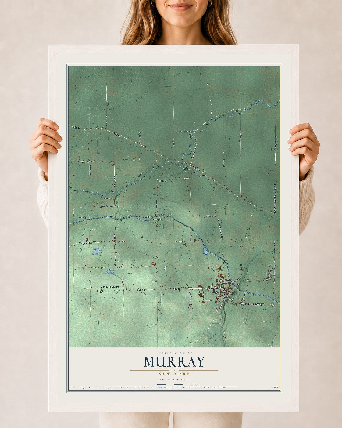 Murray, New York map print, 24" x 36" W/ White Ayous Wood Frame mockup