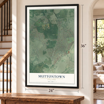 Muttontown, New York map, 24 x 36 inch print in a black frame by a staircase