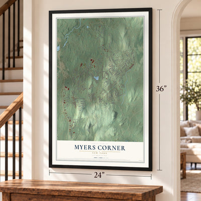 Myers Corner, New York map, 24 x 36 inch print in a black frame by a staircase