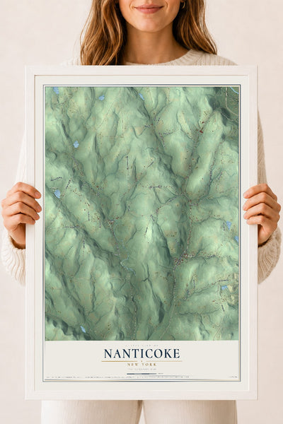 Nanticoke, New York map print, 18" x 24" W/ White Ayous Wood Frame mockup