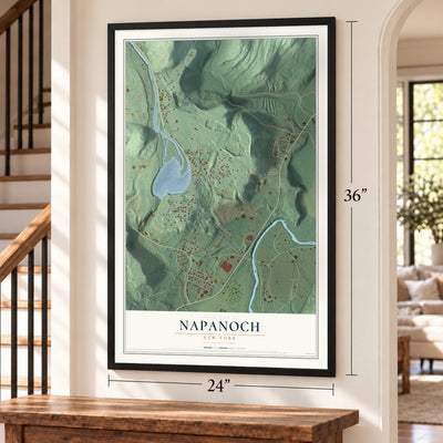 Napanoch, New York map, 24 x 36 inch print in a black frame by a staircase