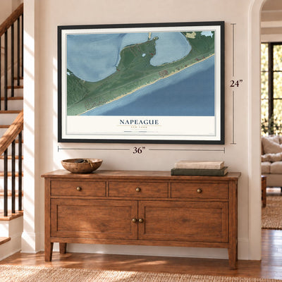 Napeague, New York map, 24 x 36 inch print in a black frame above a dresser by a staircase