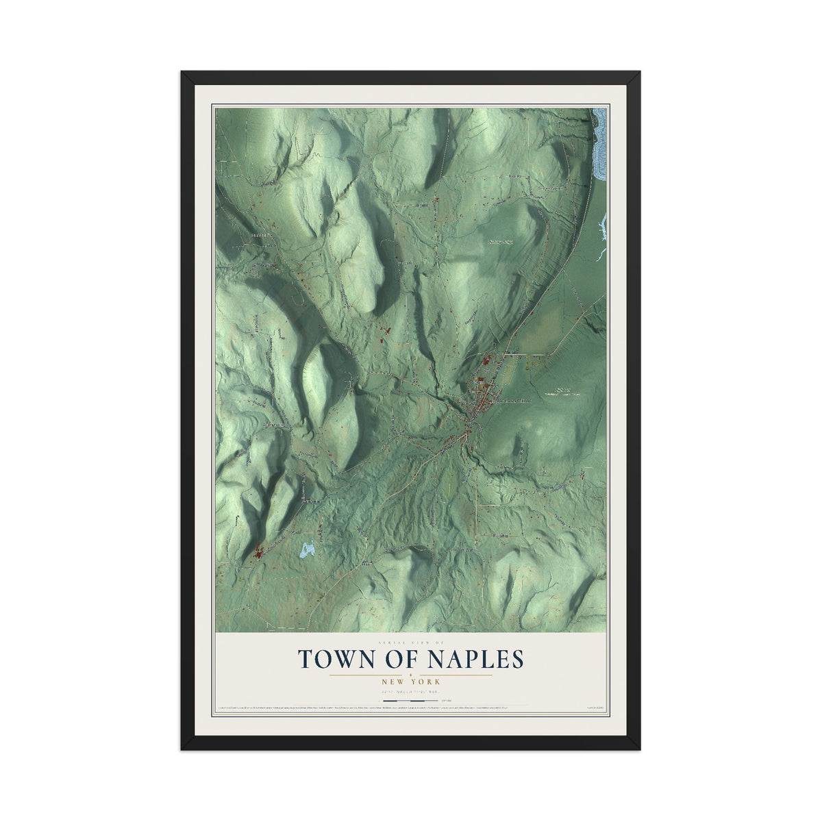 Naples, New York map print, 12" x 18" W/ Black Ayous Wood Frame mockup