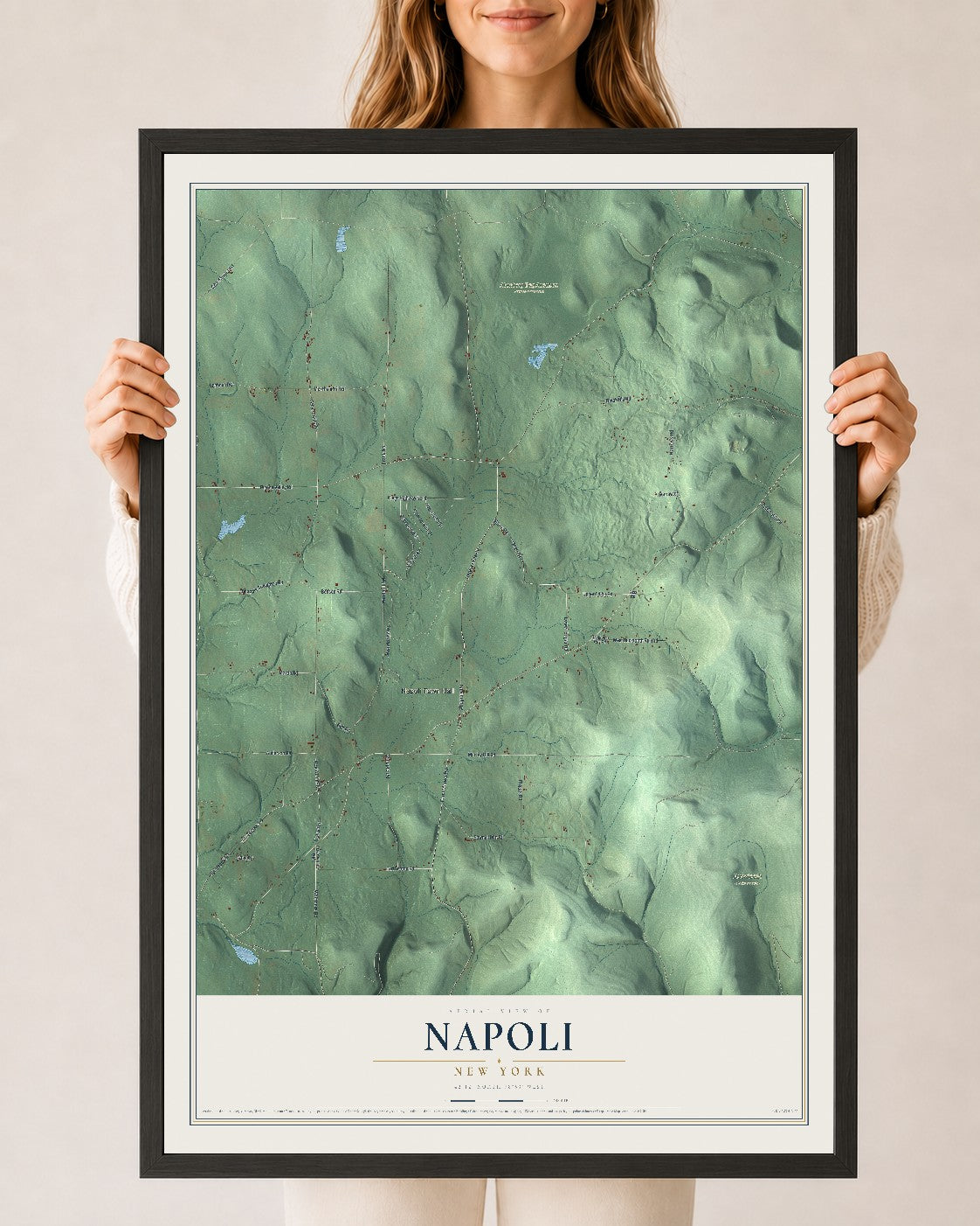 Napoli, New York map print, 24" x 36" W/ Black Ayous Wood Frame mockup