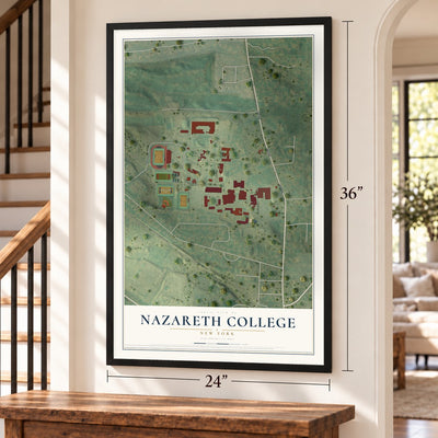 Nazareth College, New York map, 24 x 36 inch print in a black frame by a staircase