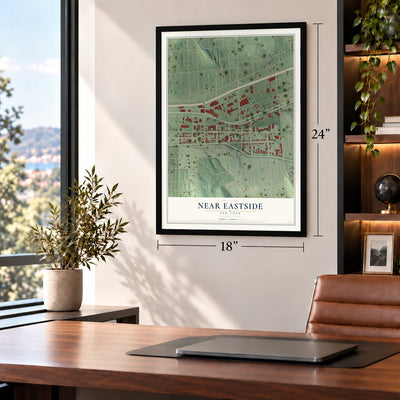 Near Eastside, New York map, 18 x 24 inch print in a black frame in a home office