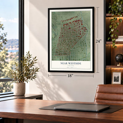Near Westside, New York map, 18 x 24 inch print in a black frame in a home office