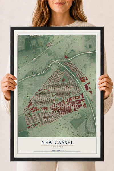 New Cassel, New York map print, 18" x 24" W/ Black Ayous Wood Frame mockup