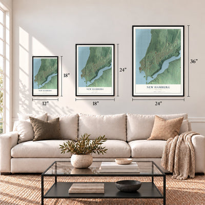 New Hamburg, New York map in 12 x 18, 18 x 24 and 24 x 36 inch sizes above a sofa
