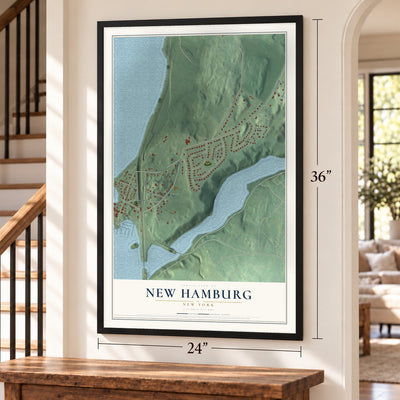 New Hamburg, New York map, 24 x 36 inch print in a black frame by a staircase