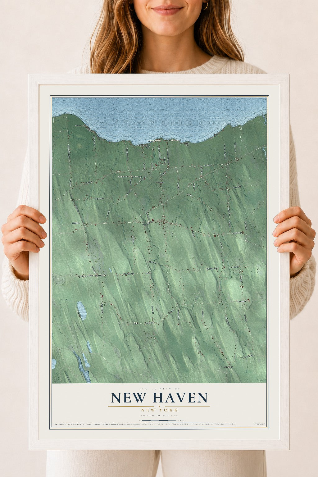 New Haven, New York map print, 18" x 24" W/ White Ayous Wood Frame mockup