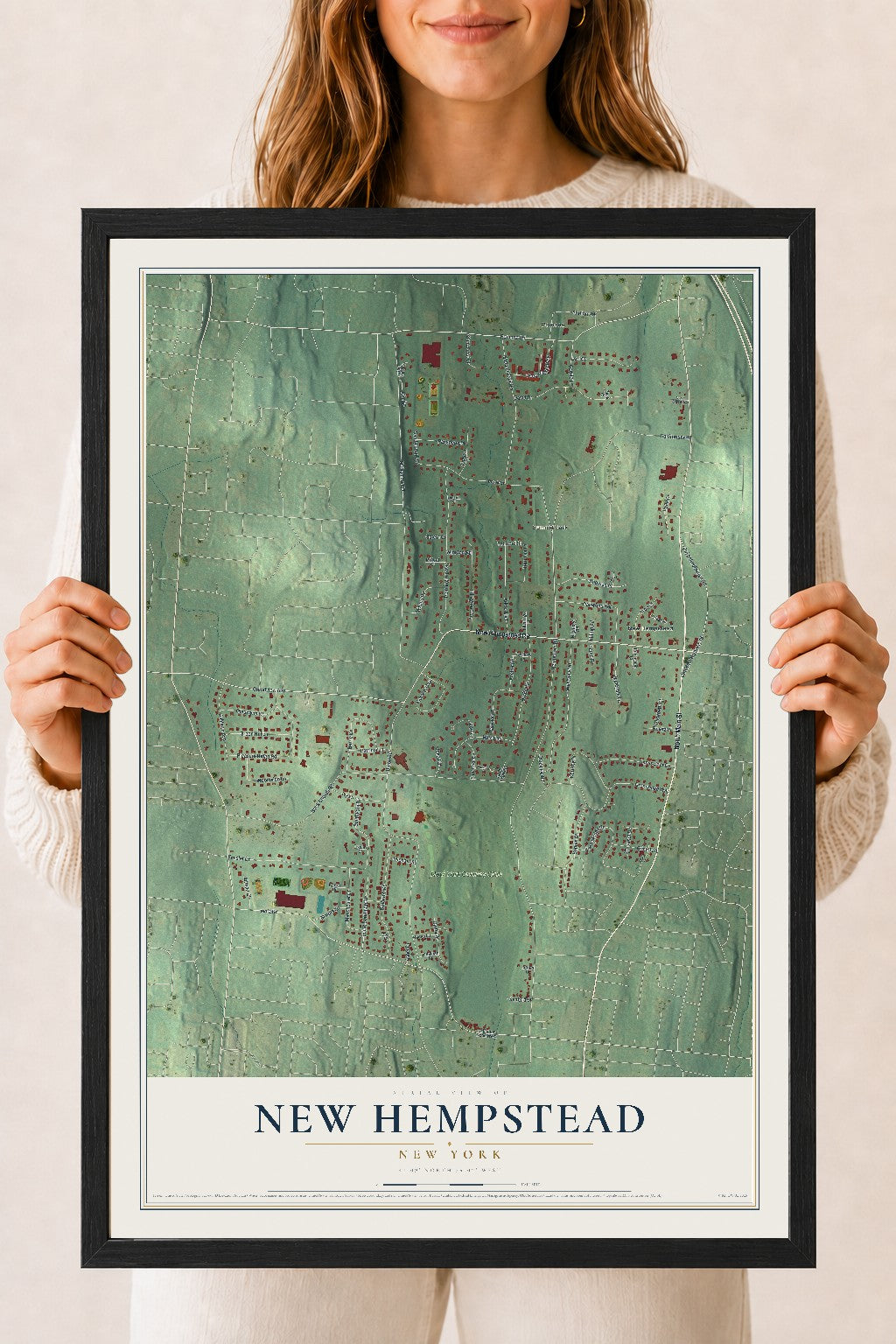 New Hempstead, New York map print, 18" x 24" W/ Black Ayous Wood Frame mockup