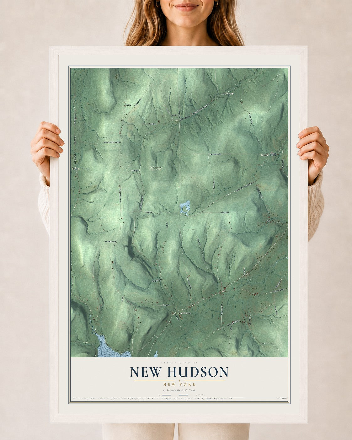 New Hudson, New York map print, 24" x 36" W/ White Ayous Wood Frame mockup