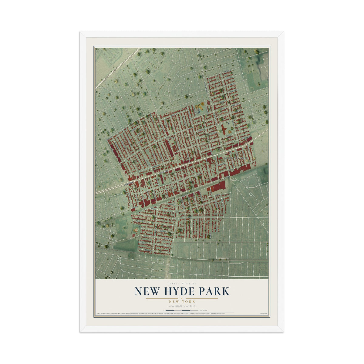 New Hyde Park, New York map print, 12" x 18" W/ White Ayous Wood Frame mockup