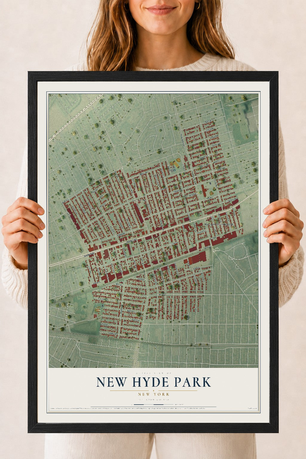 New Hyde Park, New York map print, 18" x 24" W/ Black Ayous Wood Frame mockup